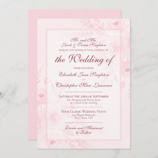 Pink Watercolor Boho Chic Peonies Formal Wedding 招待状 (正面/裏面)