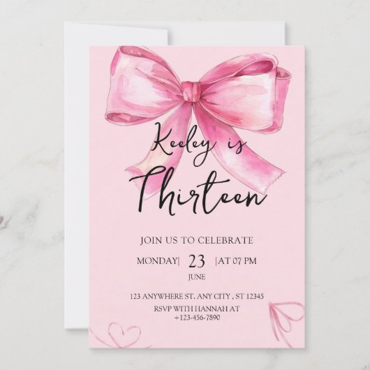 Pink Watercolor Bow Birthday Invitation 招待状 (正面)