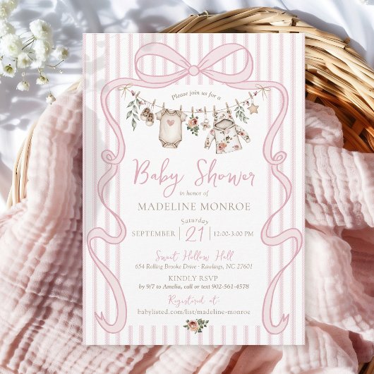 Pink Watercolor Bow Clothesline Baby Girl Shower 招待状