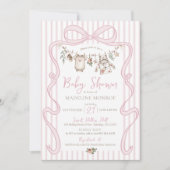 Pink Watercolor Bow Clothesline Baby Girl Shower 招待状 (正面)