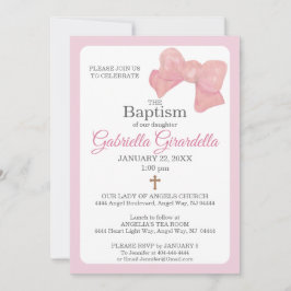 Pink Watercolor Bow & Cross Baptism Invitation 招待状