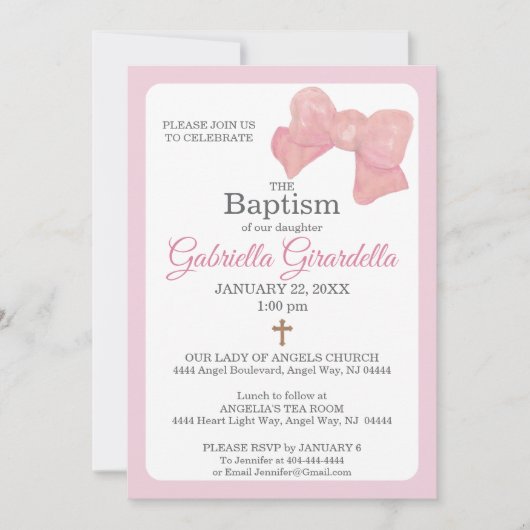 Pink Watercolor Bow & Cross Baptism Invitation 招待状 (正面)