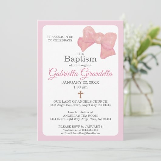 Pink Watercolor Bow & Cross Baptism Invitation 招待状 (スタンド正面)