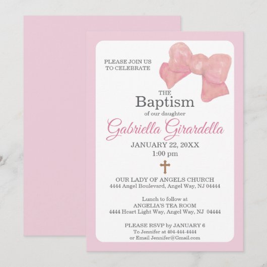 Pink Watercolor Bow & Cross Baptism Invitation 招待状 (正面/裏面)