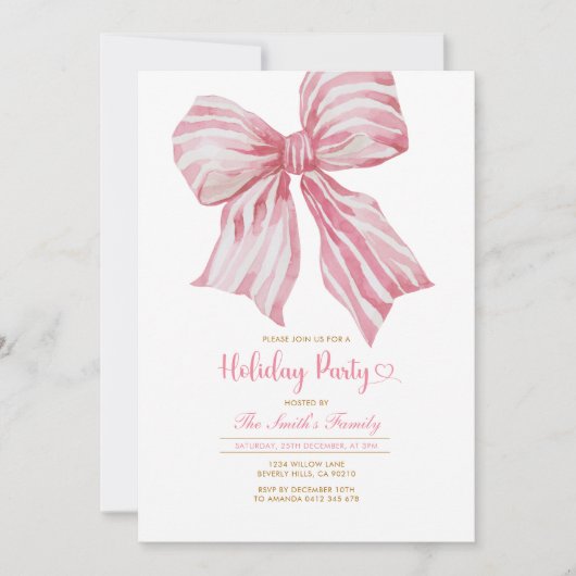 Pink Watercolor Bow Holiday Party Invitation 招待状 (正面)