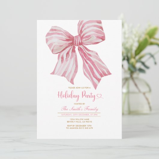 Pink Watercolor Bow Holiday Party Invitation 招待状 (スタンド正面)