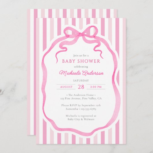 Pink Watercolor Bow & Stripes Baby Shower 招待状 (正面/裏面)
