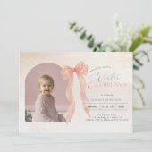 Pink Watercolor Bow Winter Onederland Arch Photo 招待状 (スタンド正面)