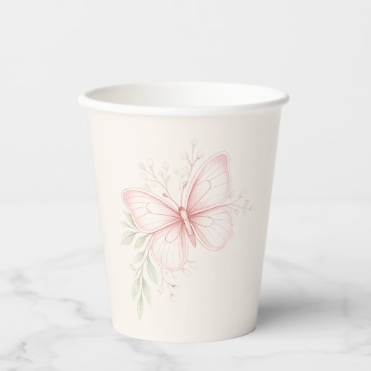 Pink Watercolor Butterfly Baby in Bloom Floral 紙コップ (正面)