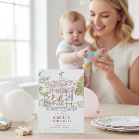 Pink Watercolor Carousel 1st Birthday Announcement 招待状