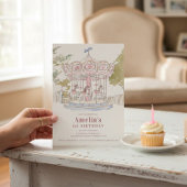 Pink Watercolor Carousel 1st Birthday Announcement 招待状