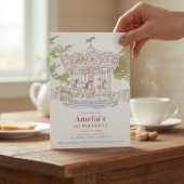 Pink Watercolor Carousel 1st Birthday Announcement 招待状
