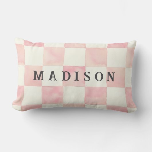 Pink Watercolor Checkerboard Custom Name ランバークッション (正面)