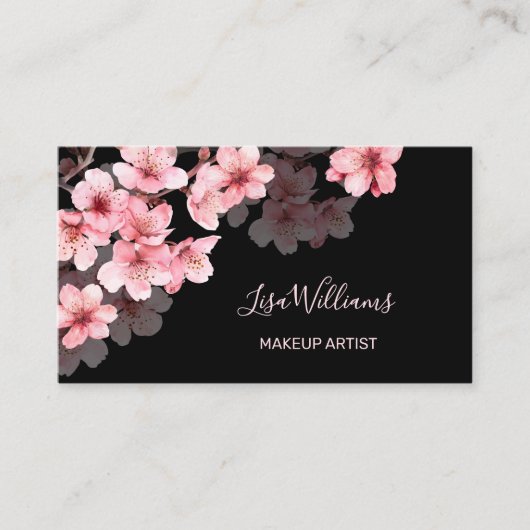Pink Watercolor Cherry Blossoms Black 名刺 (正面)