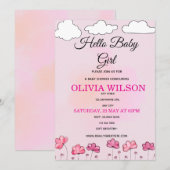 Pink Watercolor Clouds & Flowers Baby Girl Shower  招待状 (正面/裏面)