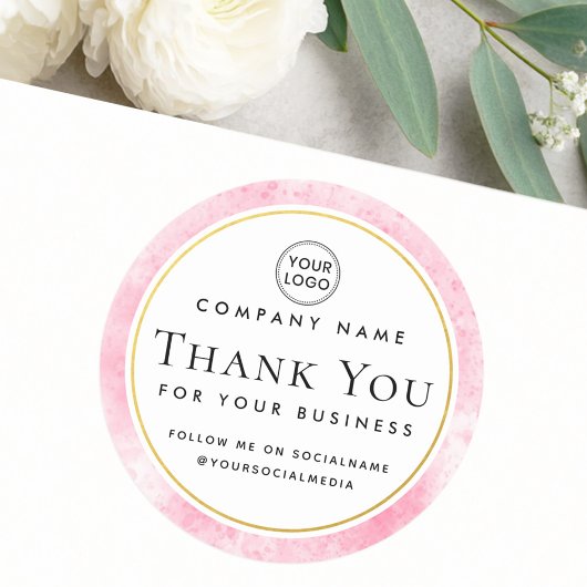 Pink watercolor custom logo business thank you ラウンドシール
