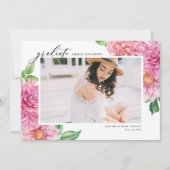Pink Watercolor Dahlia Botanical Photo Graduation 案内状 (正面)
