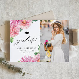 Pink Watercolor Dahlia Floral Photo Graduation 案内状