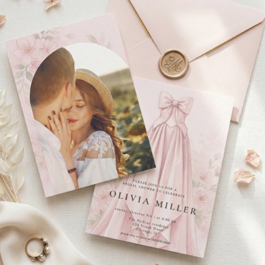Pink Watercolor Dress Coquette Bow Bridal Shower 招待状