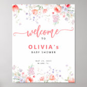 Pink watercolor floral baby shower welcome sign ポスター (正面)