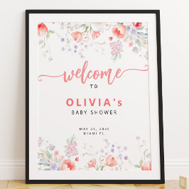 Pink watercolor floral baby shower welcome sign ポスター