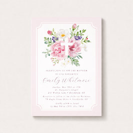 Pink Watercolor Floral Baptism Invitation for Girl 招待状