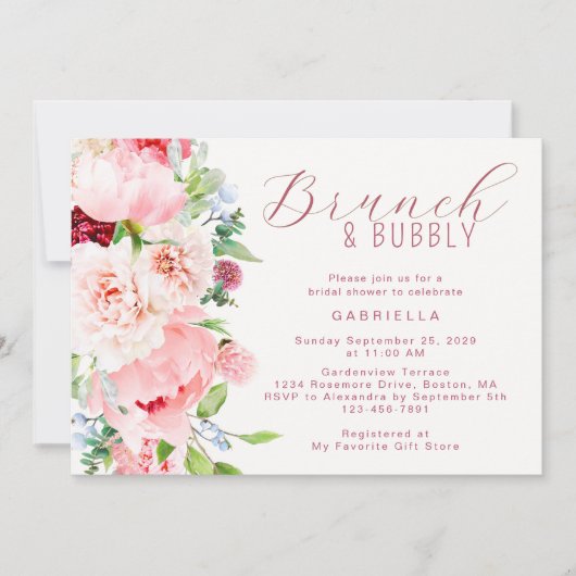 Pink Watercolor Floral Bridal Brunch  招待状 (正面)