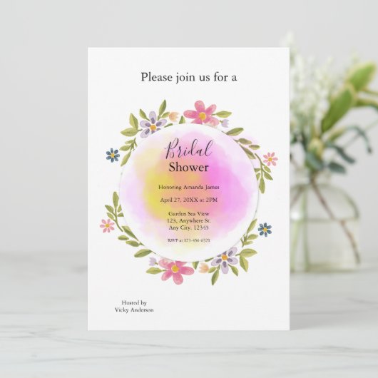 Pink Watercolor Floral Bridal Shower 招待状 (スタンド正面)