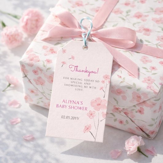 Pink Watercolor Floral Minimal Baby Shower ギフトタグ