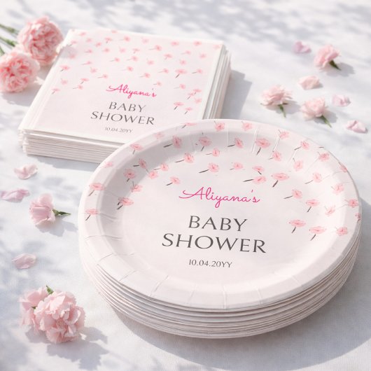 Pink Watercolor Floral Minimal Baby Shower ペーパープレート