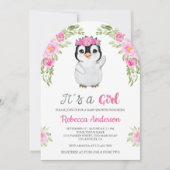 Pink Watercolor Floral Penguin Baby Shower 招待状 (正面)
