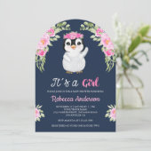 Pink Watercolor Floral Penguin Navy Baby Shower 招待状 (スタンド正面)