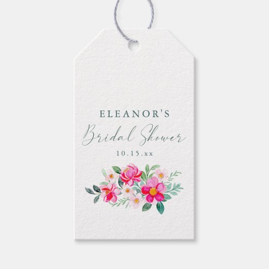 Pink Watercolor Floral Script Custom Bridal Shower ギフトタグ (正面)