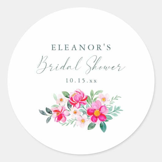 Pink Watercolor Floral Script Custom Bridal Shower ラウンドシール (正面)