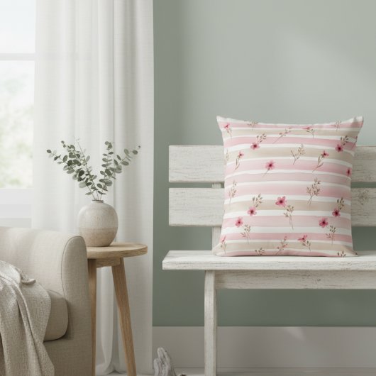 Pink Watercolor Floral Stripe Pattern クッション