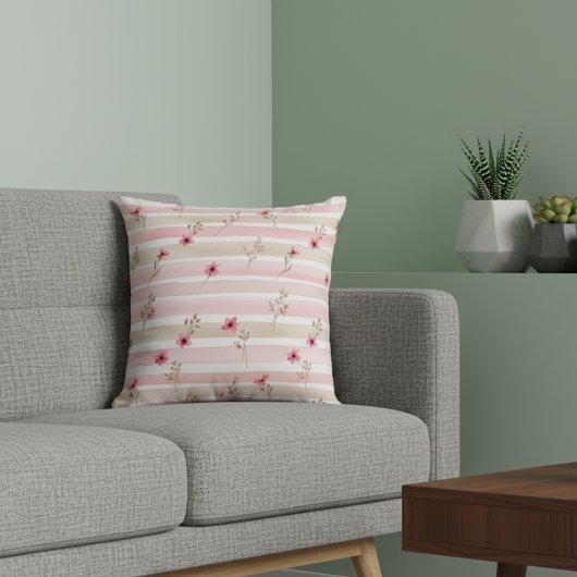 Pink Watercolor Floral Stripe Pattern クッション