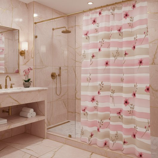 Pink Watercolor Floral Stripe Pattern シャワーカーテン