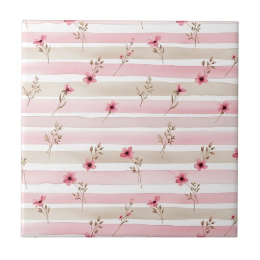 Pink Watercolor Floral Stripe Pattern タイル (正面)
