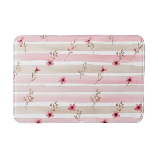 Pink Watercolor Floral Stripe Pattern バスマット (正面)