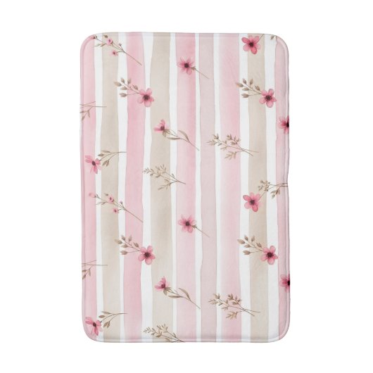 Pink Watercolor Floral Stripe Pattern バスマット (正面縦)