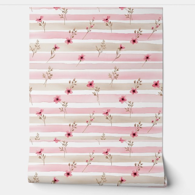 Pink Watercolor Floral Stripe Pattern 壁紙 (ほどく)