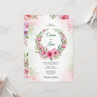 Pink Watercolor Floral Wreath Wedding Invitation 招待状