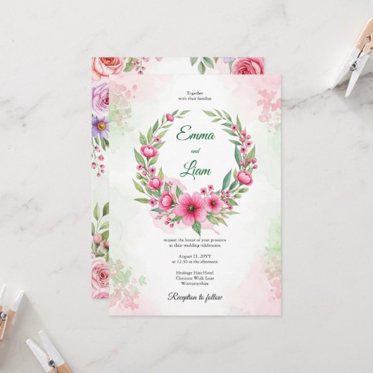 Pink Watercolor Floral Wreath Wedding Invitation 招待状 (正面/裏面インサイチュ)