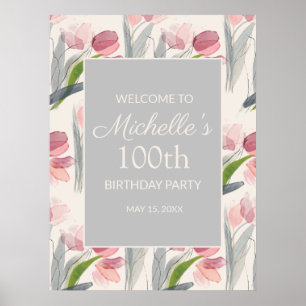 Pink Watercolor Flowers 100th Birthday Women ポスター