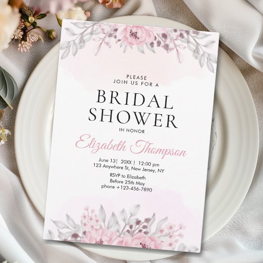Pink Watercolor Flowers Bridal Shower 招待状