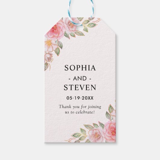 Pink Watercolor flowers Gold Modern Wedding Party ギフトタグ (正面)