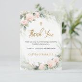 Pink Watercolor Flowers Greenery First Communion サンキューカード (スタンド正面)