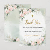 Pink Watercolor Flowers Greenery First Communion サンキューカード (正面/裏面)