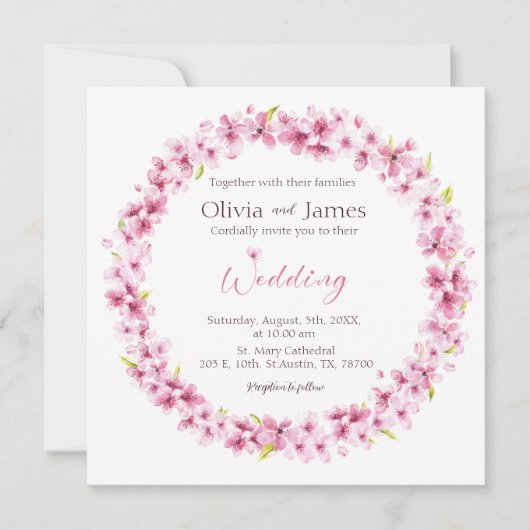 Pink Watercolor Flowers Wreath Wedding Invitation 招待状 (正面)