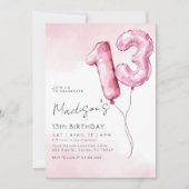 Pink Watercolor Foil Balloon 13th Birthday 招待状 (正面)